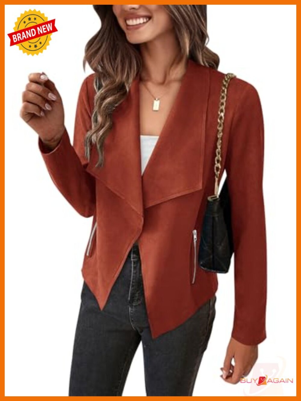 Faux Suede Cropped Jacket Waterfall Collar Open Front Pockets